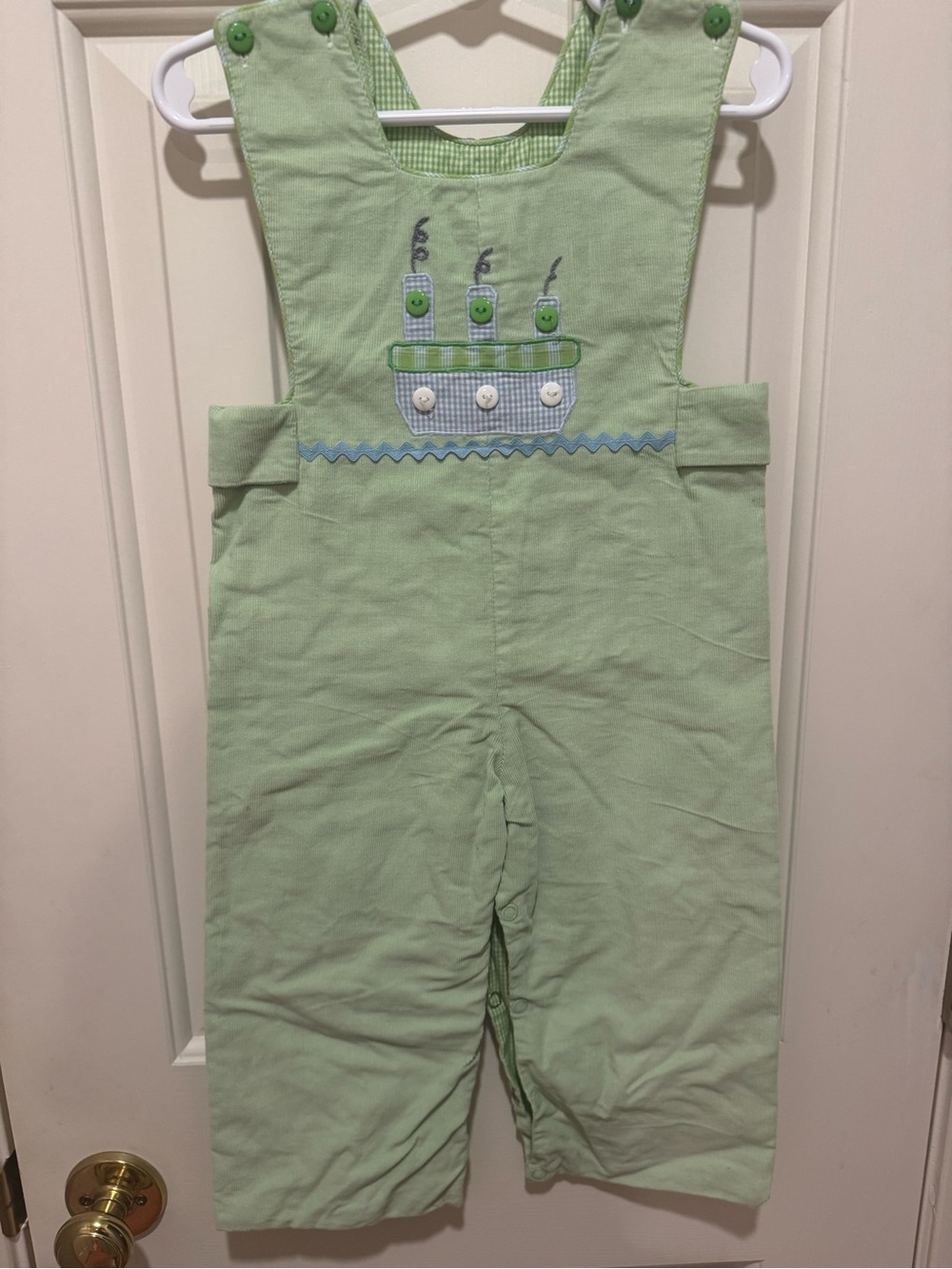 Light Green Embroidered Boat Kids Overalls pinpoint corduroy